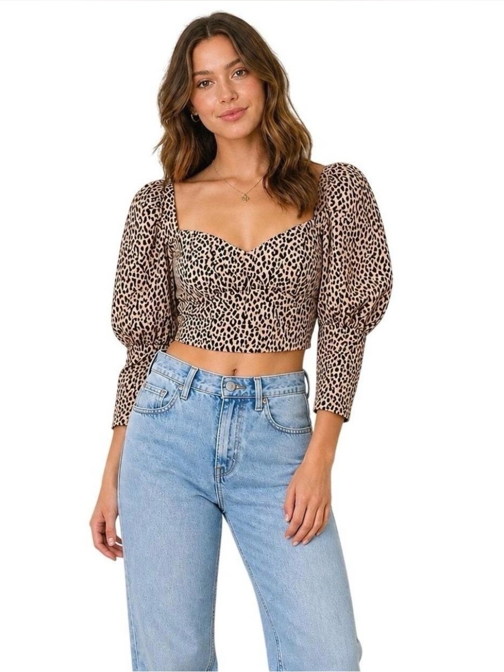 Zara Leopard Print Sweetheart Puff Sleeve Crop Top Medium Corset Coquette